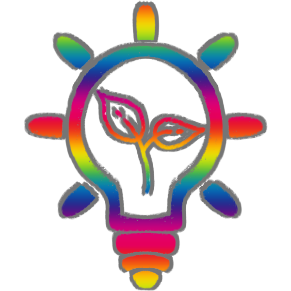 a lightbulb design outline in a rainbow gradient there are lines extenuating the light. Inside the lightbulb, there are two small leaves with a stem.